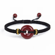 Buddha Stones Handmade Cinnabar Round Peace Buckle Concentration Braided Bracelet Bracelet BS Black Rope(Wrist Circumference 14-19cm)