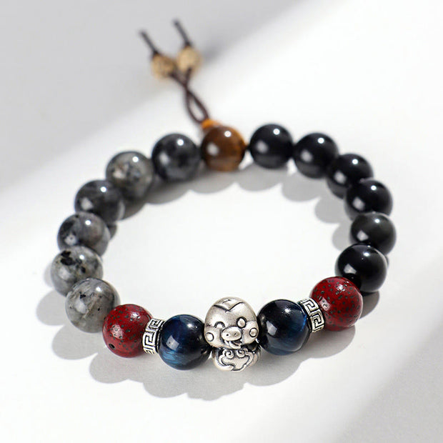 Buddha Stones Black Glitter Stone Black Onyx 999 Sterling Silver Fu Character Copper Coin Year Of Snake Protection Bracelet Bracelet BS Silver Snake Auspicious Cloud