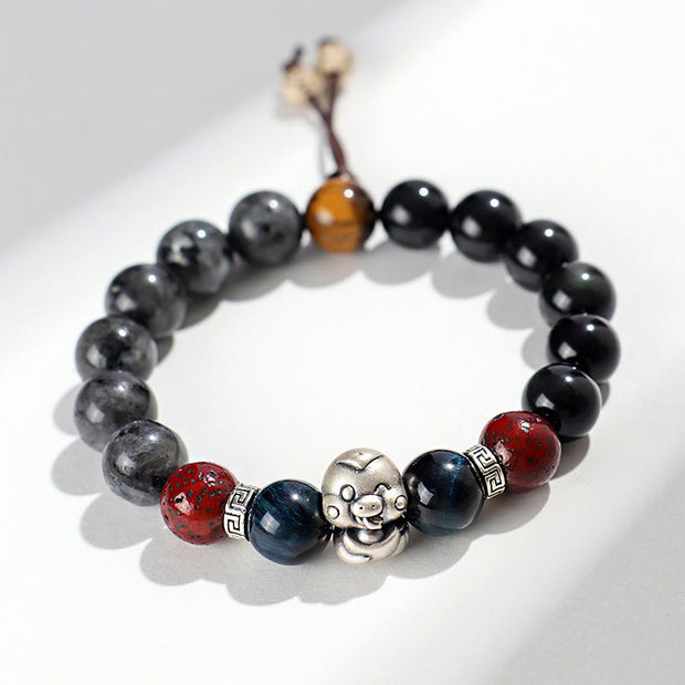 Buddha Stones Black Glitter Stone Black Onyx 999 Sterling Silver Fu Character Copper Coin Year Of Snake Protection Bracelet Bracelet BS Silver Snake Ingot