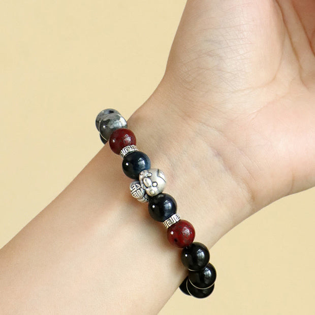 Buddha Stones Black Glitter Stone Black Onyx 999 Sterling Silver Fu Character Copper Coin Year Of Snake Protection Bracelet