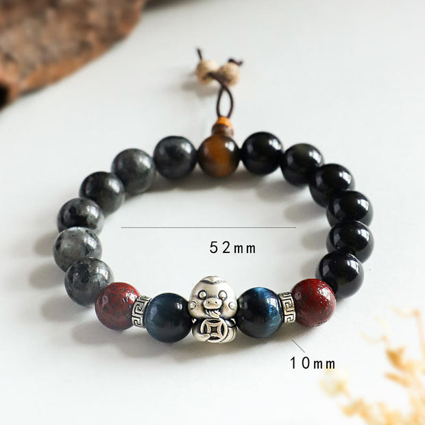 Buddha Stones Black Glitter Stone Black Onyx 999 Sterling Silver Fu Character Copper Coin Year Of Snake Protection Bracelet Bracelet BS 15