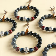 Buddha Stones Black Glitter Stone Black Onyx 999 Sterling Silver Fu Character Copper Coin Year Of Snake Protection Bracelet