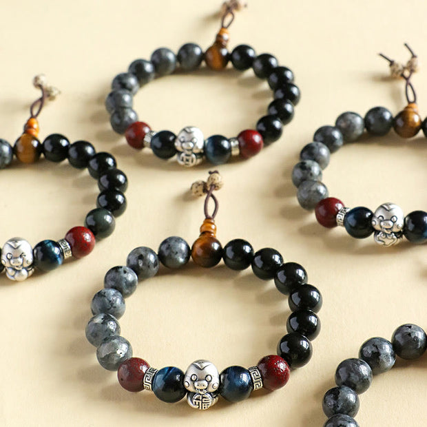 Buddha Stones Black Glitter Stone Black Onyx 999 Sterling Silver Fu Character Copper Coin Year Of Snake Protection Bracelet Bracelet BS 4