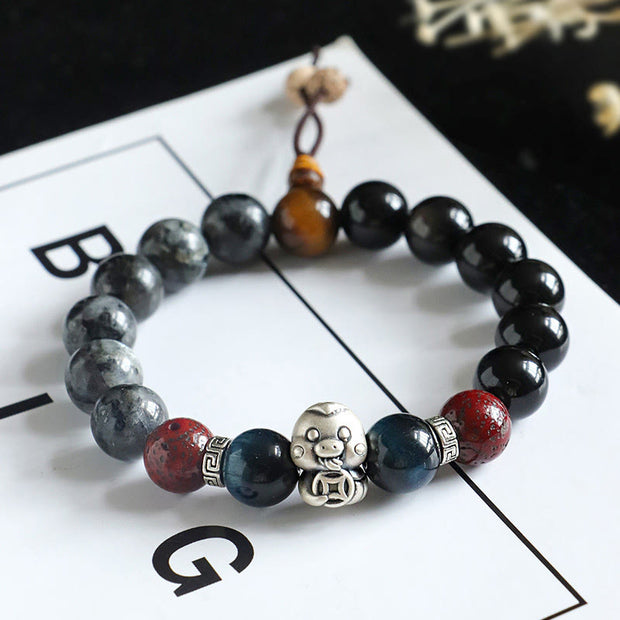 Buddha Stones Black Glitter Stone Black Onyx 999 Sterling Silver Fu Character Copper Coin Year Of Snake Protection Bracelet Bracelet BS 13