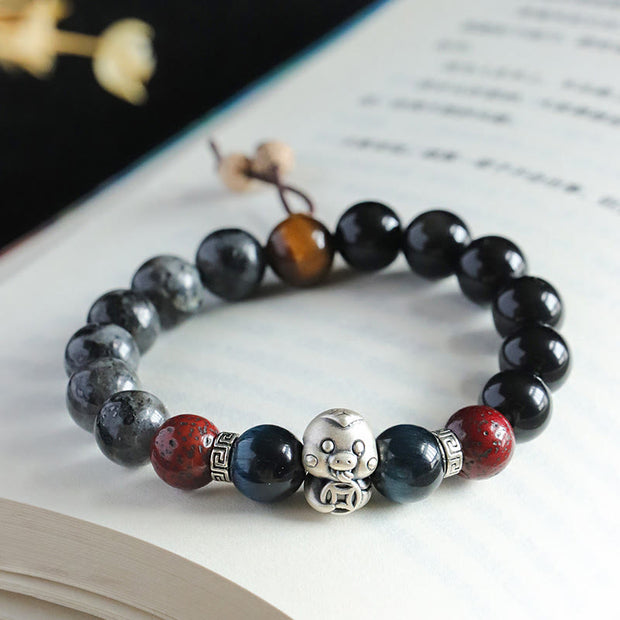 Buddha Stones Black Glitter Stone Black Onyx 999 Sterling Silver Fu Character Copper Coin Year Of Snake Protection Bracelet Bracelet BS 14