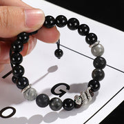 Buddha Stones Black Glitter Stone White Turquoise Black Onyx 999 Sterling Silver Year Of Snake Courage Bracelet