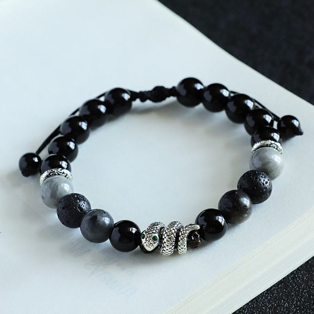 Buddha Stones Black Onyx Black Glitter Stone White Agate White Turquoise Year Of The Snake Protection Bracelet