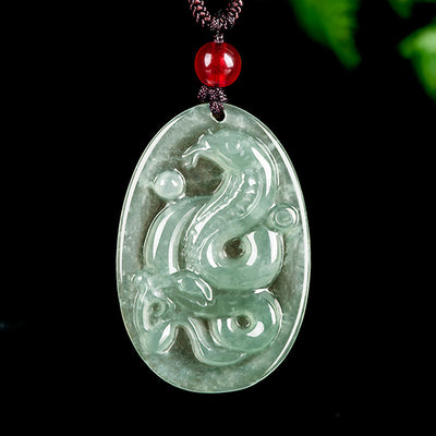 Buddha Stones Natural Jade Oval Year Of The Snake Luck Necklace Pendant