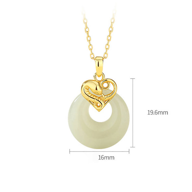 Buddha Stones 925 Sterling Silver Heart Hetian Jade Chalcedony Peace Buckle Year Of The Snake Blessing Luck Necklace Pendant