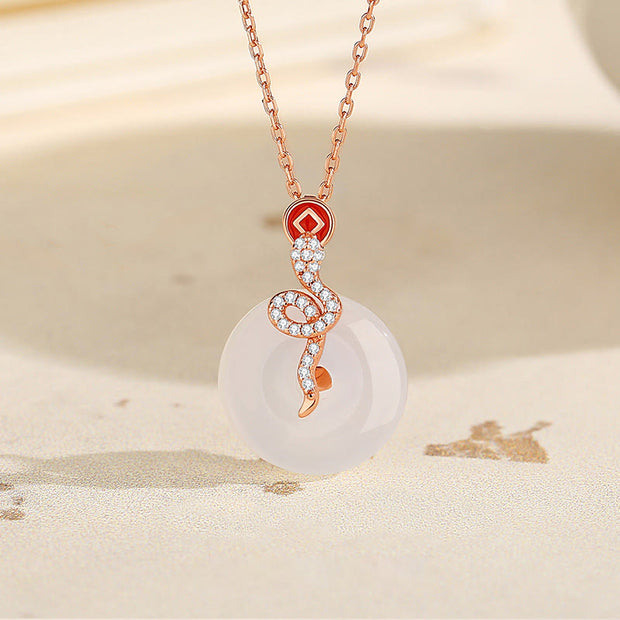 Buddha Stones 925 Sterling Silver Chalcedony Peace Buckle Year Of The Snake Luck Necklace Pendant