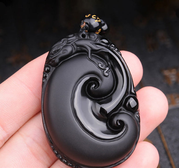 Buddha Stones Natural Black Obsidian PiXiu Oval Pattern Strength Necklace Pendant Necklaces & Pendants BS 4