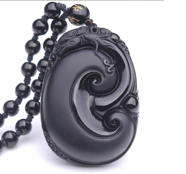 Buddha Stones Natural Black Obsidian PiXiu Oval Pattern Strength Necklace Pendant Necklaces & Pendants BS 11