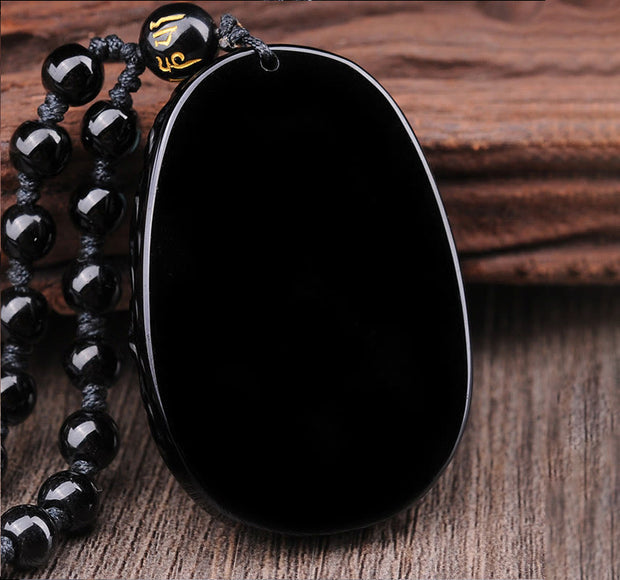 Buddha Stones Natural Black Obsidian PiXiu Oval Pattern Strength Necklace Pendant Necklaces & Pendants BS 3