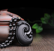 Buddha Stones Natural Black Obsidian PiXiu Oval Pattern Strength Necklace Pendant Necklaces & Pendants BS 8