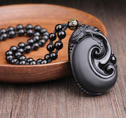 Buddha Stones Natural Black Obsidian PiXiu Oval Pattern Strength Necklace Pendant