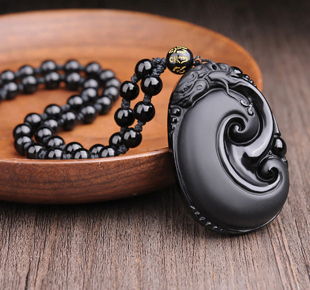 Buddha Stones Natural Black Obsidian PiXiu Oval Pattern Strength Necklace Pendant Necklaces & Pendants BS 1