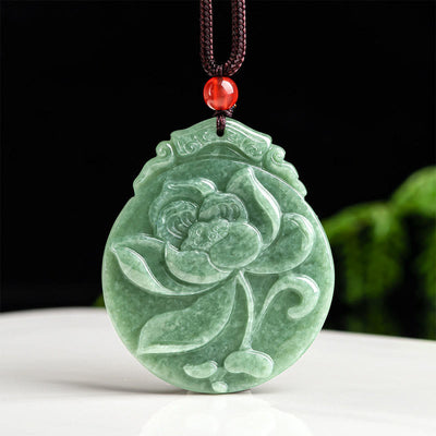 Buddha Stones Round Lotus Pattern Jade Abundance Prosperity Necklace Rope Pendant