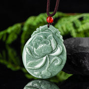 Buddha Stones Round Lotus Pattern Jade Abundance Prosperity Necklace Rope Pendant