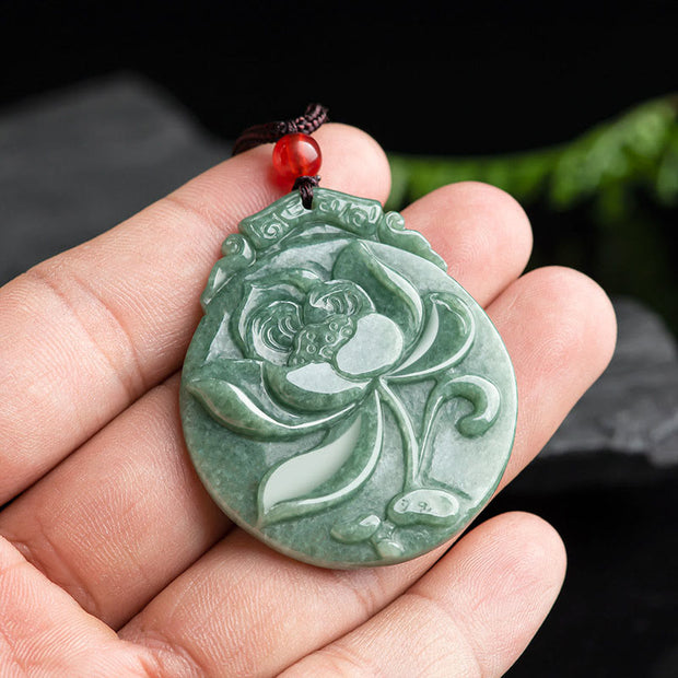 Buddha Stones Round Lotus Pattern Jade Abundance Prosperity Necklace Rope Pendant Necklaces & Pendants BS 3