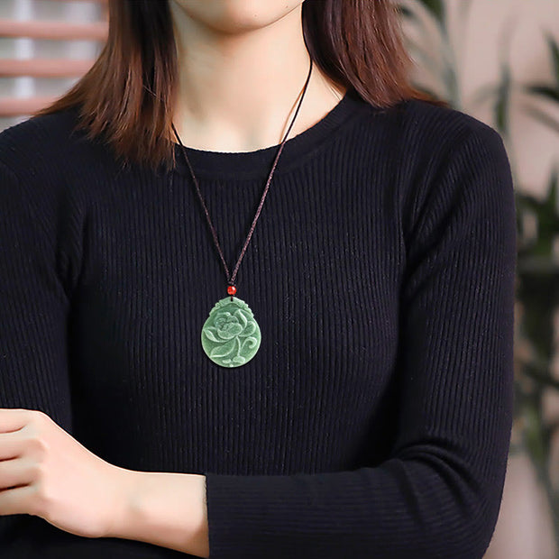 Buddha Stones Round Lotus Pattern Jade Abundance Prosperity Necklace Rope Pendant Necklaces & Pendants BS 8