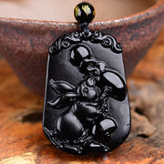 Buddha Stones Chinese Zodiac Obsidian Purification Fulfilment Necklace Pendant Necklaces & Pendants BS Rabbit Obsidian 47.2*32.7*10MM