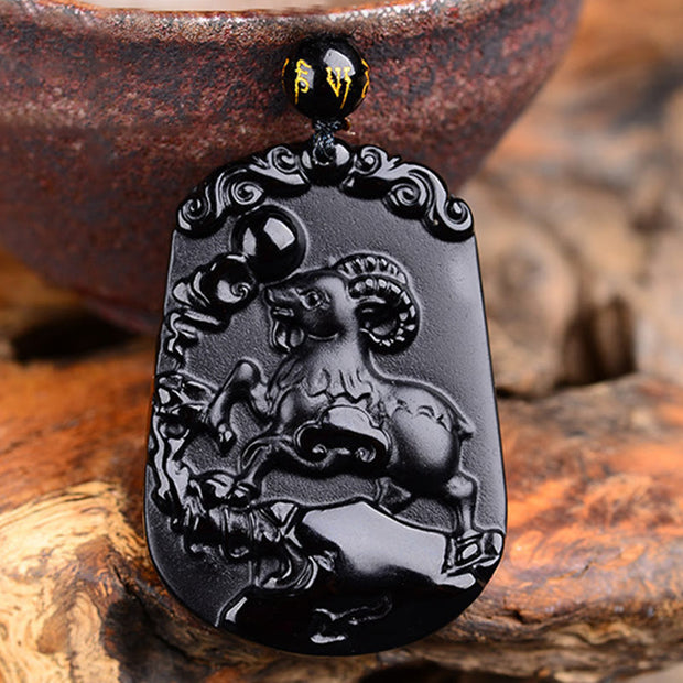 Buddha Stones Chinese Zodiac Obsidian Purification Fulfilment Necklace Pendant Necklaces & Pendants BS Goat Obsidian 47.2*32.7*10MM