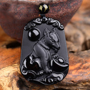 Buddha Stones Chinese Zodiac Obsidian Purification Fulfilment Necklace Pendant Necklaces & Pendants BS Dog Obsidian 47.2*32.7*10MM