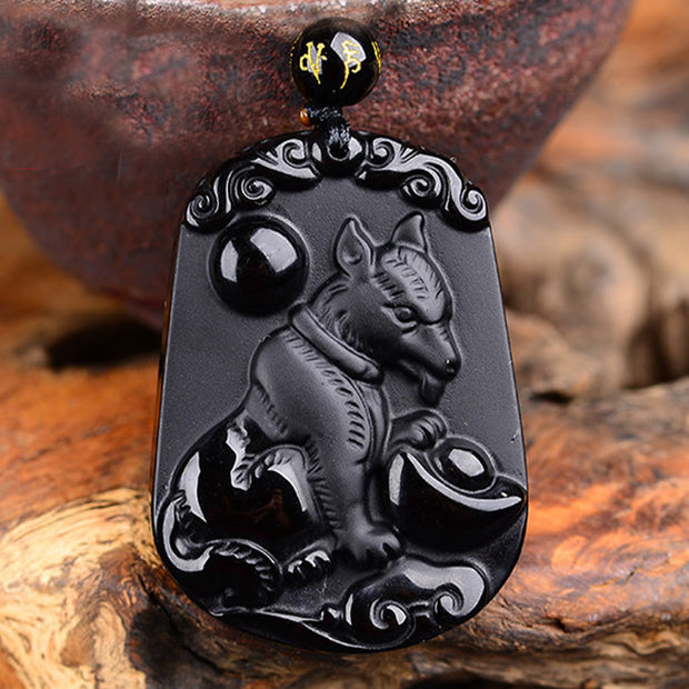 Buddha Stones Chinese Zodiac Obsidian Purification Fulfilment Necklace Pendant Necklaces & Pendants BS Dog Obsidian 47.2*32.7*10MM