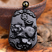 Buddha Stones Chinese Zodiac Obsidian Purification Fulfilment Necklace Pendant Necklaces & Pendants BS Pig Obsidian 47.2*32.7*10MM