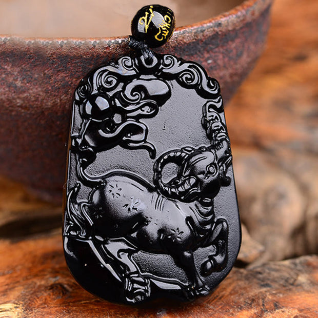 Buddha Stones Chinese Zodiac Obsidian Purification Fulfilment Necklace Pendant Necklaces & Pendants BS Ox Obsidian 47.2*32.7*10MM