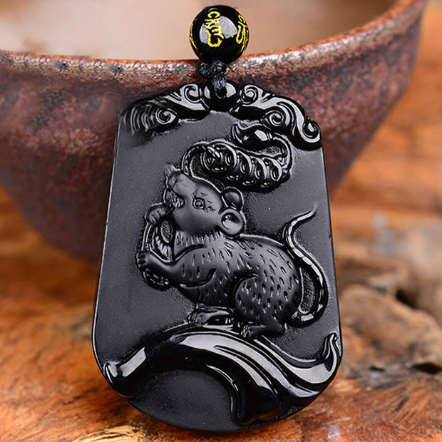 Buddha Stones Chinese Zodiac Obsidian Purification Fulfilment Necklace Pendant Necklaces & Pendants BS Rat Obsidian 47.2*32.7*10MM