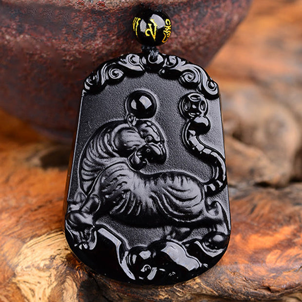 Buddha Stones Chinese Zodiac Obsidian Purification Fulfilment Necklace Pendant Necklaces & Pendants BS Tiger Obsidian 47.2*32.7*10MM