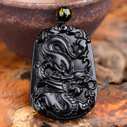 Buddha Stones Chinese Zodiac Obsidian Purification Fulfilment Necklace Pendant Necklaces & Pendants BS Dragon Obsidian 47.2*32.7*10MM