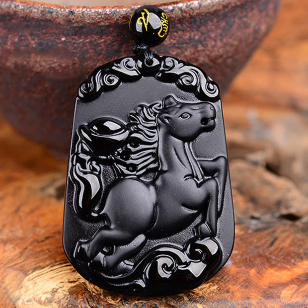 Buddha Stones Chinese Zodiac Obsidian Purification Fulfilment Necklace Pendant Necklaces & Pendants BS Horse Obsidian 47.2*32.7*10MM