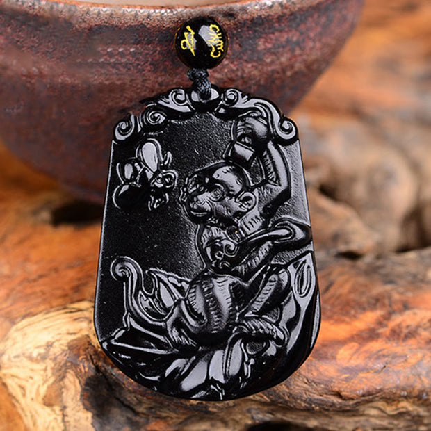 Buddha Stones Chinese Zodiac Obsidian Purification Fulfilment Necklace Pendant Necklaces & Pendants BS Monkey Obsidian 47.2*32.7*10MM