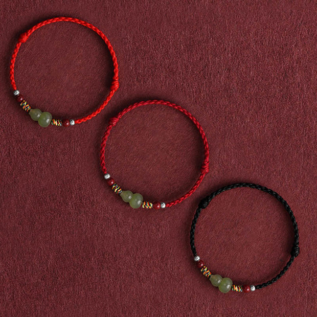 Buddha Stones Natural Hetian Jade Gourd Protection Luck Braided Bracelet Anklet Bracelet Anklet BS 2