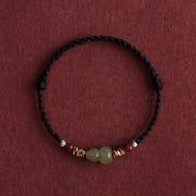 Buddha Stones Natural Hetian Jade Gourd Protection Luck Braided Bracelet Anklet Bracelet Anklet BS Black Rope Children's Anklet(Circumference 14-20cm)