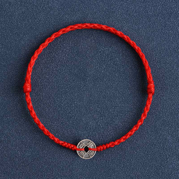 Buddha Stones 925 Sterling Silver Five Emperor Coins Red String Protection Luck Braided Bracelet