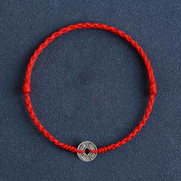 Buddha Stones 925 Sterling Silver Five Emperor Coins Red String Protection Luck Braided Bracelet