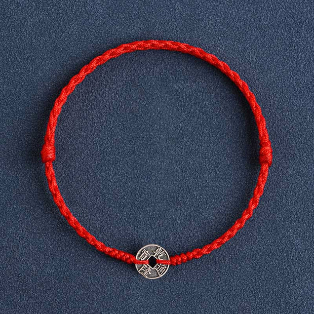 Buddha Stones 925 Sterling Silver Five Emperor Coins Red String Protection Luck Braided Bracelet Anklet Bracelet Anklet BS Red String Qianlong Coin Anklet(Circumference 17-30cm)