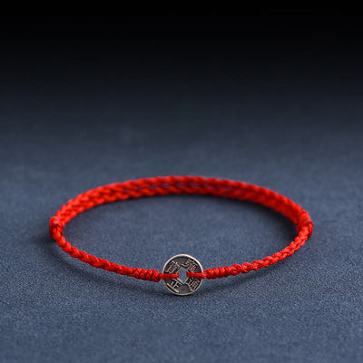 Buddha Stones 925 Sterling Silver Five Emperor Coins Red String Protection Luck Braided Bracelet Anklet Bracelet Anklet BS main