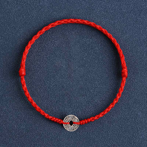 Buddha Stones 925 Sterling Silver Five Emperor Coins Red String Protection Luck Braided Bracelet Anklet Bracelet Anklet BS Red String Jiaqing Coin Anklet(Circumference 17-30cm)