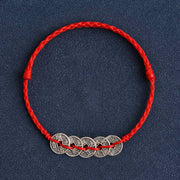 Buddha Stones 925 Sterling Silver Five Emperor Coins Red String Protection Luck Braided Bracelet