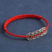 Buddha Stones 925 Sterling Silver Five Emperor Coins Red String Protection Luck Braided Bracelet