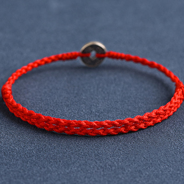 Buddha Stones 925 Sterling Silver Five Emperor Coins Red String Protection Luck Braided Bracelet Anklet Bracelet Anklet BS 2