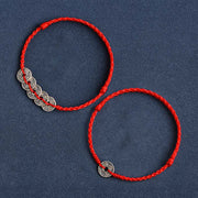 Buddha Stones 925 Sterling Silver Five Emperor Coins Red String Protection Luck Braided Bracelet