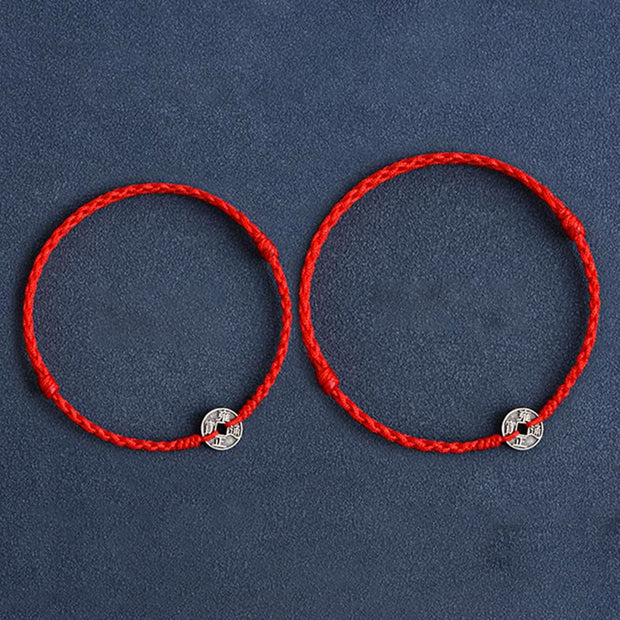 Buddha Stones 925 Sterling Silver Five Emperor Coins Red String Protection Luck Braided Bracelet Anklet Bracelet Anklet BS 5