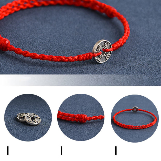 Buddha Stones 925 Sterling Silver Five Emperor Coins Red String Protection Luck Braided Bracelet