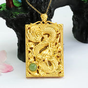 Buddha Stones Dragon Gold Plated Copper Hetian Jade Strength Necklace Pendant