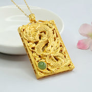 Buddha Stones Dragon Gold Plated Copper Hetian Jade Strength Necklace Pendant